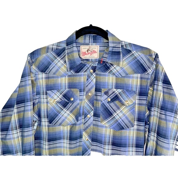 Vintage Classic Wrangler Shades of Blue Plaid Pearl Snap Shirt Men's Western - Picture 2 of 8